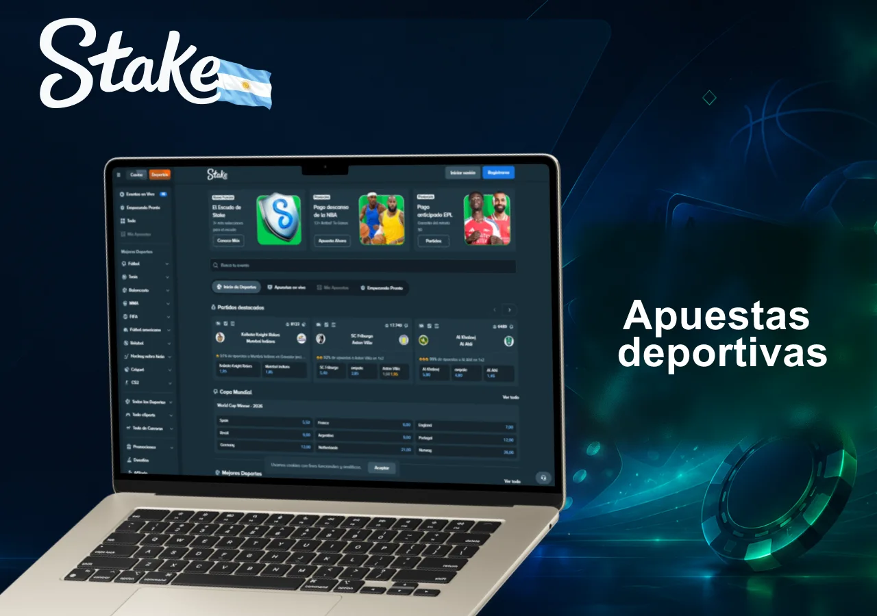 Apuestas deportivas en Stake con mercados para fútbol, baloncesto y otros deportes populares